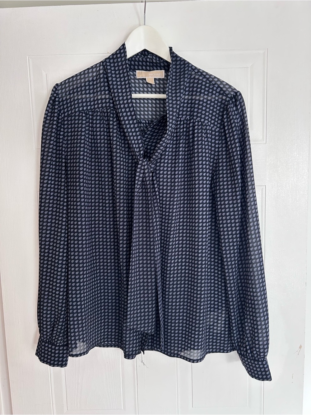 Michael Kors Navy and White Printed Tie-Neck Blouse